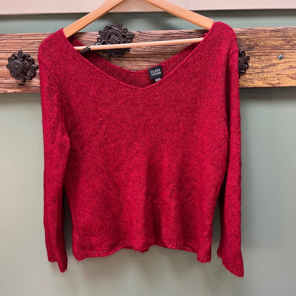 Vintage‎ Eileen Fisher Silk Mohair Blend V-Neck Sweater Red Italian Yarn Large